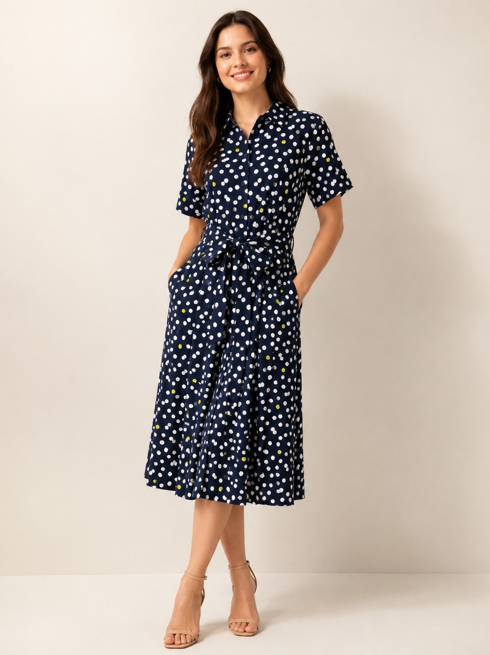 KATE SPADE New York Navy Polka Dot Pockets Waist Tie Midi Shirt Dress Sz Large